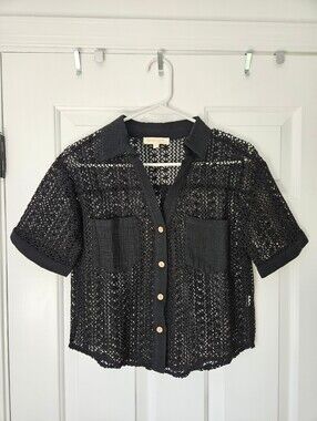 Rebellion Again | Black Crochet Short Sleeve Button Down | Size Small